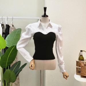 [포커스]  FS3B9BL5361_니트 뷔스티에 배색 블라우스