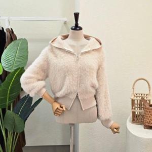 [포커스]FW5J3KC31691_후드 집업 니트 퍼 가디건