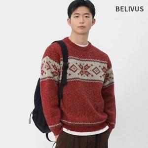 빌리버스 남성 겨울 감성 눈꽃 노르딕 패턴 스웨터 라운드 코지 니트 BNBR006