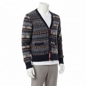 톰브라운 브러시드 셰틀랜드 메리노 울 펀믹스 페어 에일 자카드 브이넥 가디건 MKC598F Y1026 415 373356