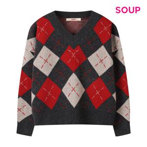 [숲]아가일 패턴 V넥 루즈핏 니트 (S5ALK10)