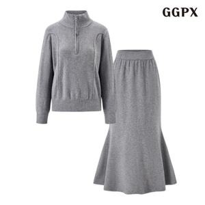 GGPX 반집업 하이넥 니트 플레어 스커트 셋업 (GQAOW006D)
