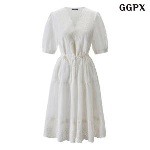 [GGPX]러블리 허리스트링 레이스 V넥 반팔 원피스 (GQBOW001D)