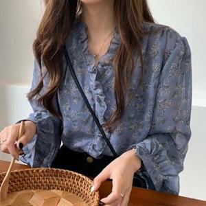 여자 봄 여름 러블리 프릴 플라워 블라우스