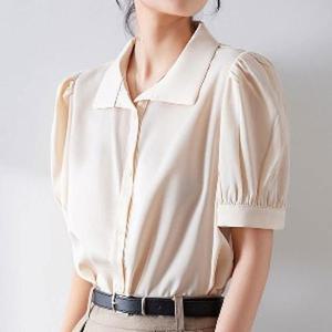 심플 여성 정장 블라우스 어깨셔링 포멀 반팔블라우스