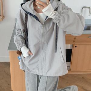 [옷자락]여자 배색 체크 후드집업 바람막이 바스락 봄 점퍼