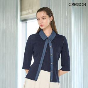 [크레송]크레송 데님 믹스 크로쉐 니트 탑 C251B902A_25 (네이비)