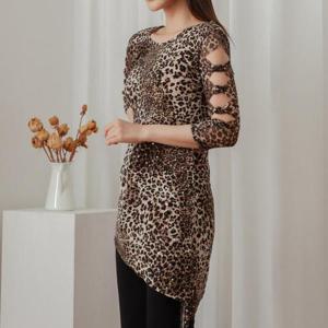 [까르죠아]리본 트임 소매 호피 롱 블라우스 미시 여성 스포츠 댄스복 연습용 라인 줌바