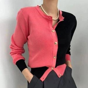 [애슬릿][애슬릿]여성 투톤 체크 라운드넥 미시 니트 가디건