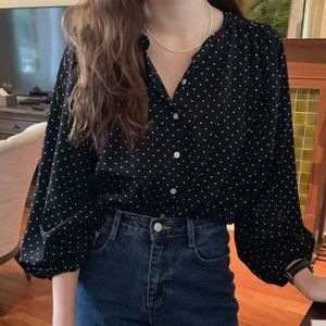 [셀럽하우스]도트패턴 OCLE2916 퍼프 소매 쉬폰 도트패턴 블라우스 여친룩