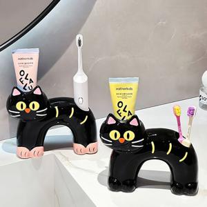 [해외] 귀여운 고양이 치약 칫솔꽂이 세라믹 치약 홀더 칫솔 거치대 2colors