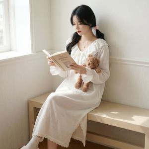 순면 레이스 여성 잠옷 롱 원피스 여자 홈웨어 공주 임산부 코튼 면 수면 파자마 예쁜 프릴