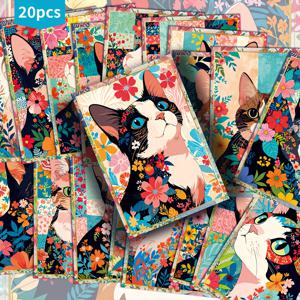 TEMU 20팩 빈티지 고양이 엽서 - 레트로 꽃무늬 스테이션러리, 4x6인치, 스크랩북/저널용, 생일/기념일 카드, 고양이 애호가를 위한 수집품 장식 카드, 핸드메이드 감성 아트 프린트, 선물 쇼퍼링 소품