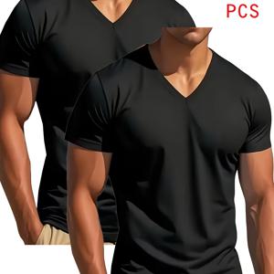 TEMU 아주 편안한 V넥 티셔츠 2매 세트. 약간의 신축성, 테일러드 핏, 다재다능한 디자인. 남성용 반팔 티셔츠, 스포츠 탑, 속건성 운동복, 모던 컷, 캐주얼 스포츠웨어, 탄성 있는 원단.