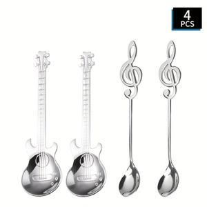 TEMU 음악 기악 및 음표 디자인의 스테인리스 스틸 커피 스푼 4개 세트, 계란찜 스푼, 디저트 스푼, 티 스푼으로 음악 애호가에게 완벽합니다. 커피, 차, 디저트, 아이스크림을 계란찜하는 데 이상적입니다.