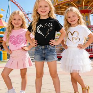 TEMU 유럽 및 미국 스타일 여아용 패셔너블하고 심플한 여름 티셔츠 상의 3개 세트, 얇은 여름 스타일, 여아용 하트 패턴 프린트 크루넥 귀여운 플러터 슬리브 상의, 젊고 활기찬 아동복, 활용도 높은 풀오버 스포츠 상의, 핑크 + 화이트 + 블랙, 4-5-6-7-8세, 야외, 캐주얼, 스포츠, 휴가, 명절 선물용으로 적합