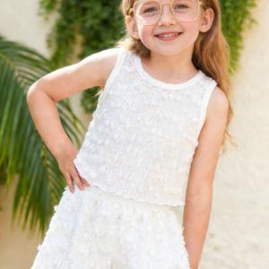 TEMU 여아용 여름 루즈핏 우아한 민소매 상의와 반바지 2종 세트, 3D 자카드 폼폼 장식, 신축성 있는 원단으로 제작, 심플하고 스타일리시한 디자인, 1-8세 여아용 데일리 캐주얼웨어 및 스포츠용, 선물용으로도 적합, 야외 활동에 적합