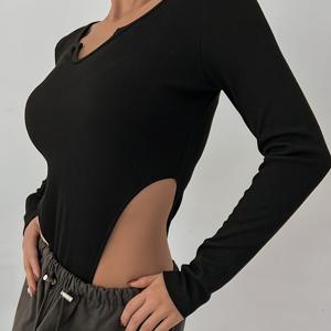 TEMU 여성용 크루넥 긴소매 바디수트, 슬림핏 베이직 스타일, 신축성 있고 부드러운 바디수트