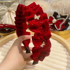TEMU 하이엔드 별빛 라인스톤 나비 벨벳 플리츠 헤어밴드, 라이트 럭셔리 스타일 패션 버섯 모양 엣지, 인품 헤어밴드, 레드 크리스마스 새해 헤어 액세서리 선물