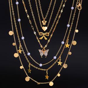 TEMU 7피스 세트 빈티지 우아한 패션 모조 진주 라인스톤 나비 하트 리본 별 라운드 멀티 엘리먼트 펜던트 목걸이 세트, 달콤한 멀티 레이어 칼라본 체인, 여성 휴가, 데이트, 파티, 데일리 캐주얼 웨어에 적합, 크리스마스, 발렌타인데이, 새해 선물로 이상적인 선택