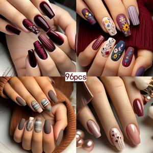 TEMU 4팩/96개 롱 발레 모양 랜덤 컬러 레트로 매트 스몰 플라워 올매치 불규칙 라인 매트 텍스처 크리스마스 그린 패턴 토템 솔리드 컬러 하트 웨어러블 네일 네일 프레스온 네일 탈부착 가능 인조 네일 러빙 스트립 4개 및 젤리