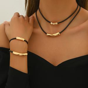 TEMU 2개 여성용 주얼리 세트 | 빈티지 스타일의 간편한 이중 레이어 왁스 로프 불규칙한 기하학적 튜브 초커 목걸이 및 팔찌 | 스타일, 아연 합금, 데일리 및 파티 행사에 다용도