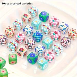 TEMU 10개 핸드페인팅 스퀘어 비즈 - DIY 주얼리, 키체인 액세서리, 펜 참용 대형 아크릴 루스 비즈 (꽃무늬, 체크무늬, 과일, 기쁨의 얼굴) 다양한 패턴, 선명한 색상, 내구성 있는 공예 재료, 장식용 비즈 디자인