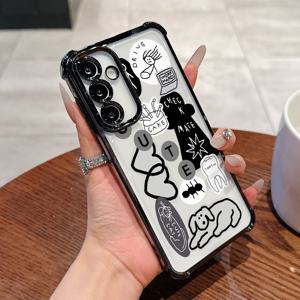 TEMU 휴대폰 케이스용 귀여운 및 세련된 삽화 라인 패턴, 삼성 갤럭시 S25 에지, S24, S23, S22, S21 FE, 및 노트20 울트라 플러스 4G 5G와 호환 가능, 블랙 보더 및 드롭을 위한 투명한 뒷면을 특징으로 함