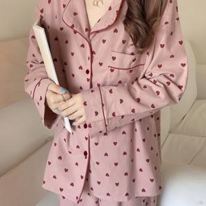 TEMU 포근한 복숭아 사랑 파자마 세트 | 노치 칼라 긴팔 상의와 대비되는 엣지 & 편안한 핏 바지 - 봄, 가을 캐주얼 라운지웨어