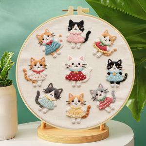 TEMU 자수 키트 1개, 20x20cm/7.9x7.9인치, 귀여운 아기 고양이, 성인 및 초보자용 수제 DIY 자수 키트, 사용 설명서, 프린트 천, 자수대, 바늘과 실 포함, 가족과 친구를 위한 크리스마스 선물