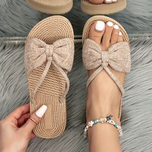 TEMU 여성용 스타일 심플 플랫 샌들, 패셔너블한 캐주얼 아이템, 다양하게 스타일링 가능한 베이지 카키 샌들, 프렌치 스타일의 스위트 큐트 리본 장식, 오픈토 디자인, 통기성이 뛰어나고 편안한 경량 디자인, 화이트 및 애프리콧 컬러, 라운드토 디자인, 실내 및 가정용 슬리퍼, 야외 파티 해변 휴가에 적합