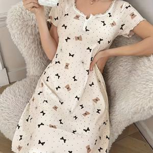 TEMU 여성용 우아한 카툰 곰 & 리본 반팔 나이트가운 - 라운드넥 파자마 드레스, 미드 스트레치 소재 (부속품 없음), 세탁기 사용 가능한 홈웨어 - 사계절 편안한 수면복