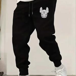 TEMU 남성용 프렌치 불독 얼굴 프린트 스트레치 팬츠 - 탄성 허리 밴드 및 드로스트링, 통기성 피트니스 바지, 발목 스트랩, 사계절 편안함, 트레이닝, 러닝에 적합, 편안한 착용감, 운동 디자인