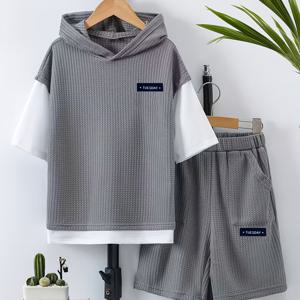 TEMU 2pcs 십대 남아 여름 스웨트셔츠 세트, 후드 반팔 티셔츠 및 반바지 포함, 루즈핏 운동복, 단색, 후드 스타일 디자인, 레이어드 스타일, 야외 활동용, 십대용