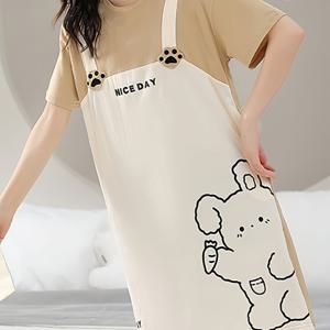 TEMU 여성용 여름 반팔 파자마 원피스, 만화 흰색 패턴과 탈부착식 패딩 스펀지 가슴 패드 포함, 미디엄 기장 루즈핏 캐주얼 수면복, 라운드 넥, 시원하고 귀여운 소녀스러운 캐주얼 파자마, 나이트가운 라운지웨어, 아웃도어용, 셀카용 스타일