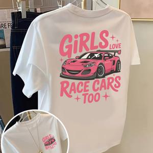 TEMU 앞면과 뒷면 디자인의 반팔 티셔츠 - 사랑하는 레이싱카, 스타일리시한 핑크색 자동차 프린트 - 트렌디한 봄/여름 여성 티셔츠, 패셔너블한 아이템