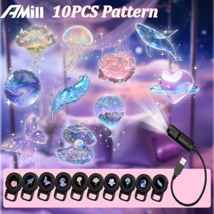 TEMU 패턴 LED 프로젝션 조명 3/6/10개, USB LED 프로젝터, 360° 회전식 LED 드림 프로젝션 무드등, LED 프로젝터- 장미, 고래, 나비, 구름, 하트, 행성, 깃털 패턴, USB 전원, 방, 침대 옆, 천장 장식용