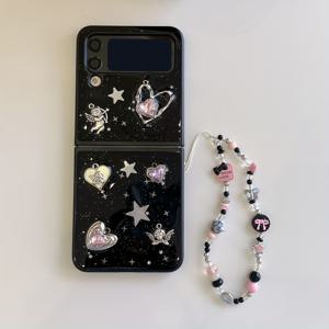 TEMU 폰 케이스: 패션 드로퍼 러브+귀여운 핸드헬드 짧은 끈, 삼성 Z 플립 6 Z 플립 5 Z 플립 4 Z 플립 3 호환, 올인클루시브 PC 낙하 방지 휴대폰 케이스 보호 커버