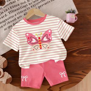 TEMU 2개 세트 여아용, 나비 프린트 반팔 상의 + 솔리드 리본 프린트 반바지, 여아 여름 의상, 귀여운 라운드넥 베이비 옷, 부드럽고 편안한 다용도 반팔 팬츠 세트, 데일리 캐주얼, 휴가, 파티, 야외 활동에 완벽