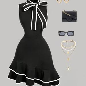 TEMU 여성용 봄/여름 패션 컬러블록 비대칭 이중 레이어 러플 밑단 허리 슬림핏 우아한 스몰 스탠드업 칼라 보타이드로우스트링 디자인 프렌치 스타일 민소매 원피스, 일상 출퇴근, 연회, 파티용