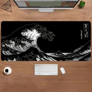 TEMU 가나가와 대파도日本식 파도 디자인 특대형 게이밍 데스크매트 - 고무 베이스, 매우 매끄러운 표면, 정밀 트래킹, PC, 노트북, 마우스패드용