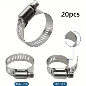 TEMU 20개 스테인리스 스틸 호스 클램프 키트, 웜 기어 조절 범위 1/4인치 - 1인치 (6-25mm), 배관, 인터쿨러, 덕트, 튜브 및 연료 라인용 내구성 강한 금속 파이프 클램프