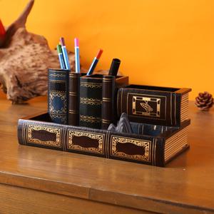 TEMU 나무로 칠한 클래식 스타일 탁상용 장식품, 펜꽂이, 다중 수납칸이 있는 수납 정리함, 사무실 장식, 빈티지 스타일 액세서리, 책상 장식, 가정용 수납을 위한 책상 및 서랍 정리함
