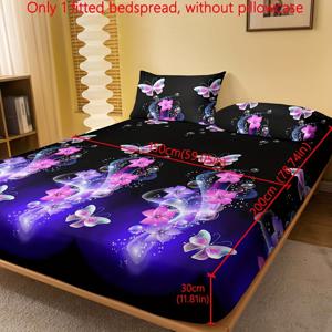 TEMU 날아가는 하늘의 꽃과 나비 패턴 프린트 브러시드 피티드 시트 1개, 침실용 프린트 베드스프레드, 침구류