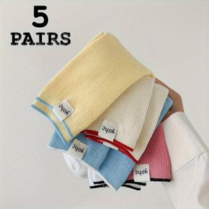 TEMU 가을/겨울 신상 스타일 단색 패브릭 라벨 레터링 수직 심플하고 활용도 높은 중목 양말 5켤레