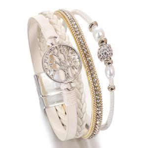 TEMU 우븐 인조 가죽 랩 팔찌, 알로이 생명의 나무 비즈 장식, 데일리룩에 어울리는 멀티 레이어 팔찌, 친구와 가족을 위한 생일 선물로 완벽하며 우정 액세서리 역할도 함.