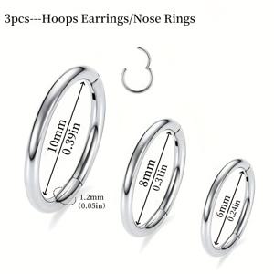 TEMU 3개 16G 우아한 여성용 스테인리스 스틸 힌지 작은 원형 귀걸이, 심플한 무봉제 코 링 다이어프램 립 링 연골 헬릭스 이어 스크린 슬립 귀걸이 선물 주얼리