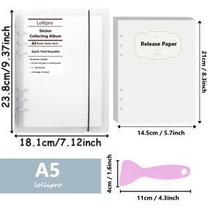 TEMU 재사용 가능한 스티커 북 매트 화이트 PP 하드 커버 스티커 수집 A6/A5 바인더 리필 가능, 40매 80페이지 6링 120Gsm 빈 릴리스 페이퍼 1개, 지퍼 포켓 1개 및 플라스틱 스패출러 2개 포함