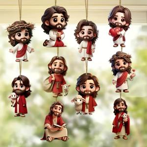 TEMU 2D 플랫, 10개 수제 목재 예수 장식 펜던트 세트, 휴가용 집 및 창문 장식, 크리스마스와 설날 축하에 적합, 전기 필요 없음, 2D 그래픽 디자인