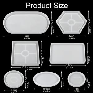 TEMU 7개 트레이 실리콘 몰드 세트, 석고 트레이 몰드, 레진 캐스팅 실리콘 레진 몰드, 코스터 레진 차 접시 만들기, 타원형, 원형, 직사각형, 정사각형, 육각형, 실리콘 몰드 트레이, DIY 에폭시 수지, 석고 모르타르, 콘크리트 시멘트 공예에 적합, 홈 데코용으로 사용